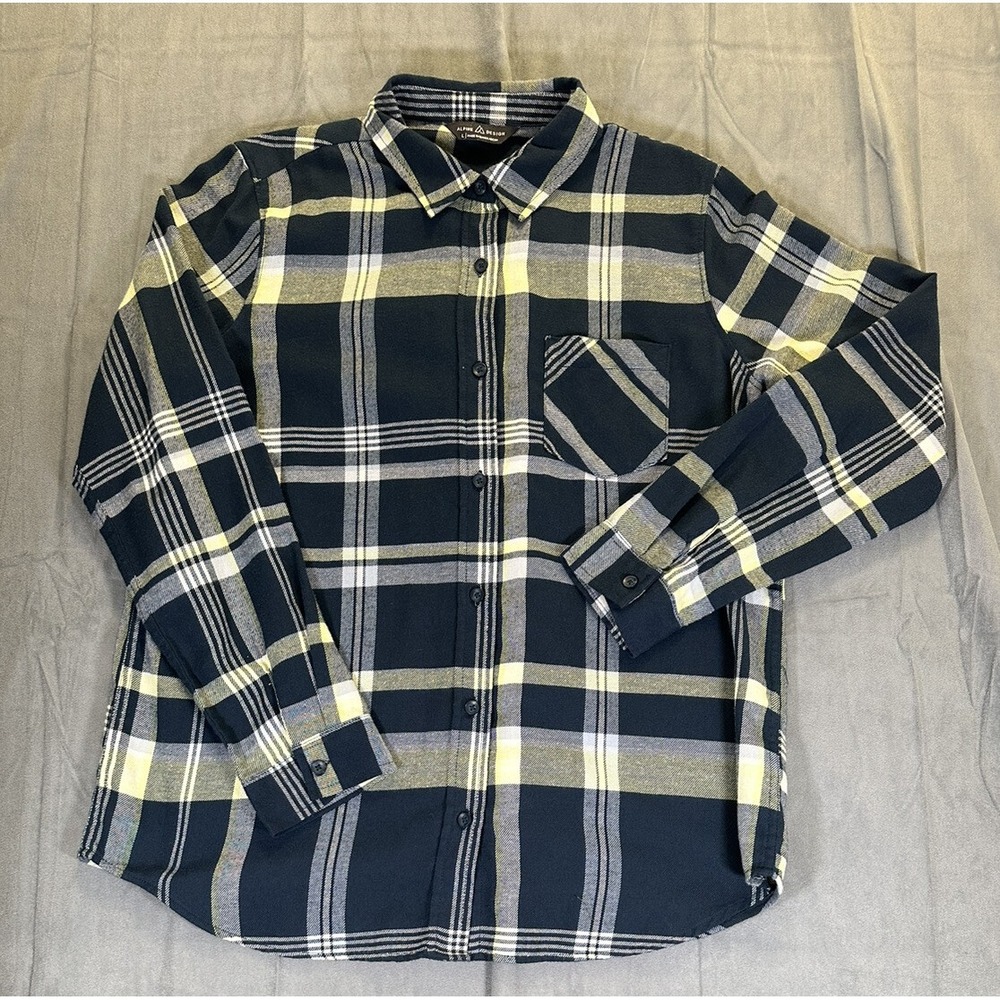 Alpine Design Flannel Shirt Mens Large Blue White Plaid Long Sleeve Button Up